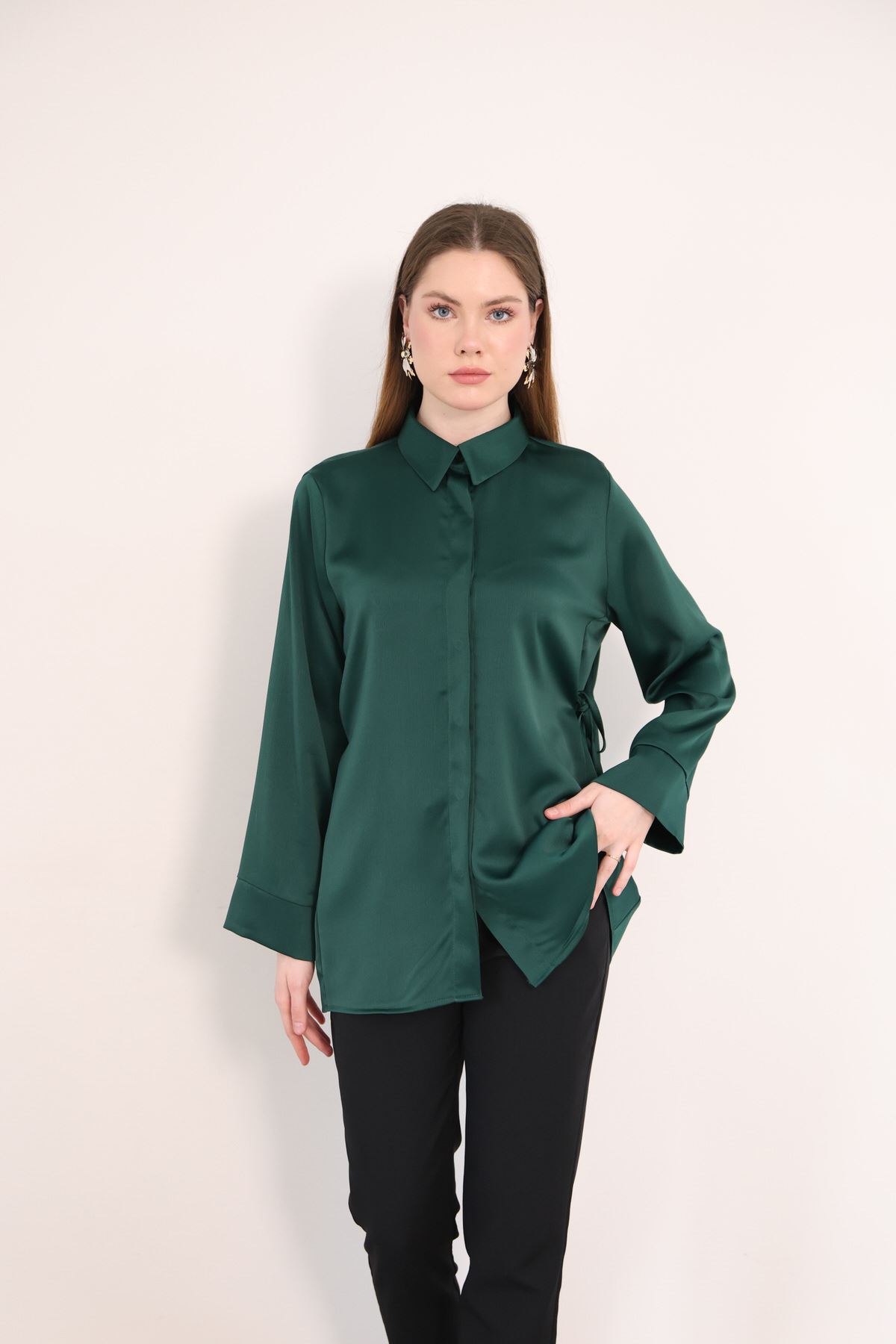 Gizli Pat Saten Tunik-Zümrüt Yeşili