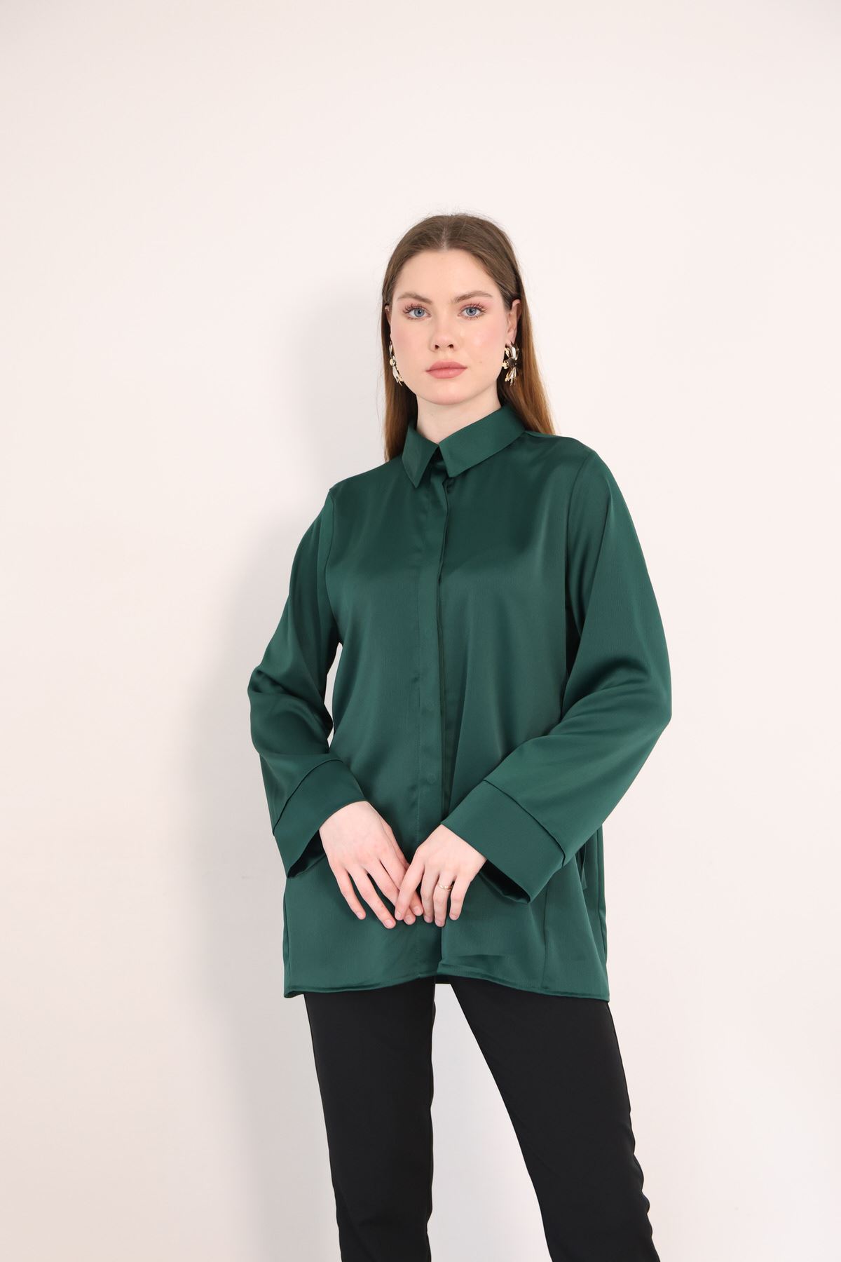Gizli Pat Saten Tunik-Zümrüt Yeşili