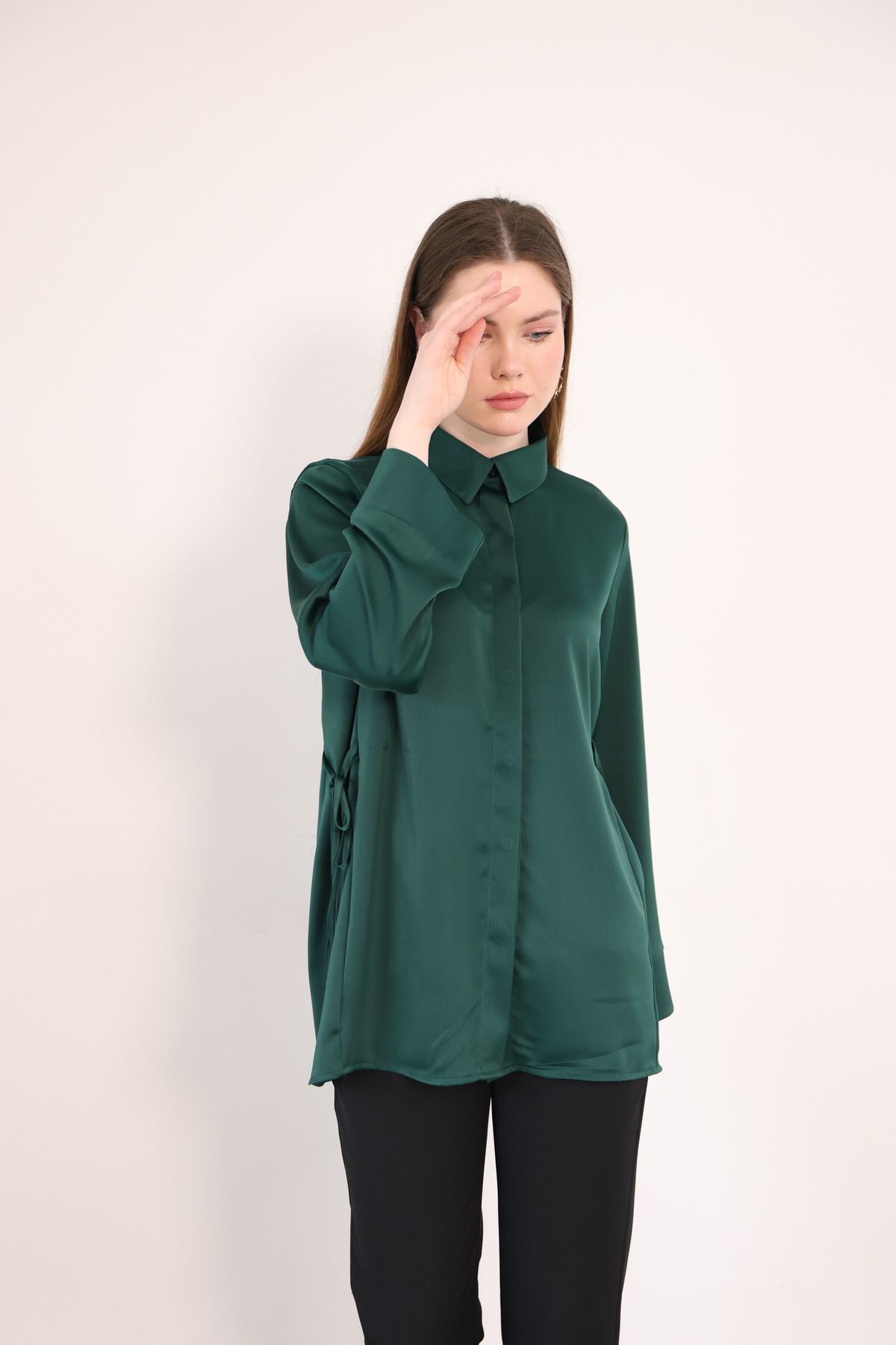 Gizli Pat Saten Tunik-Zümrüt Yeşili