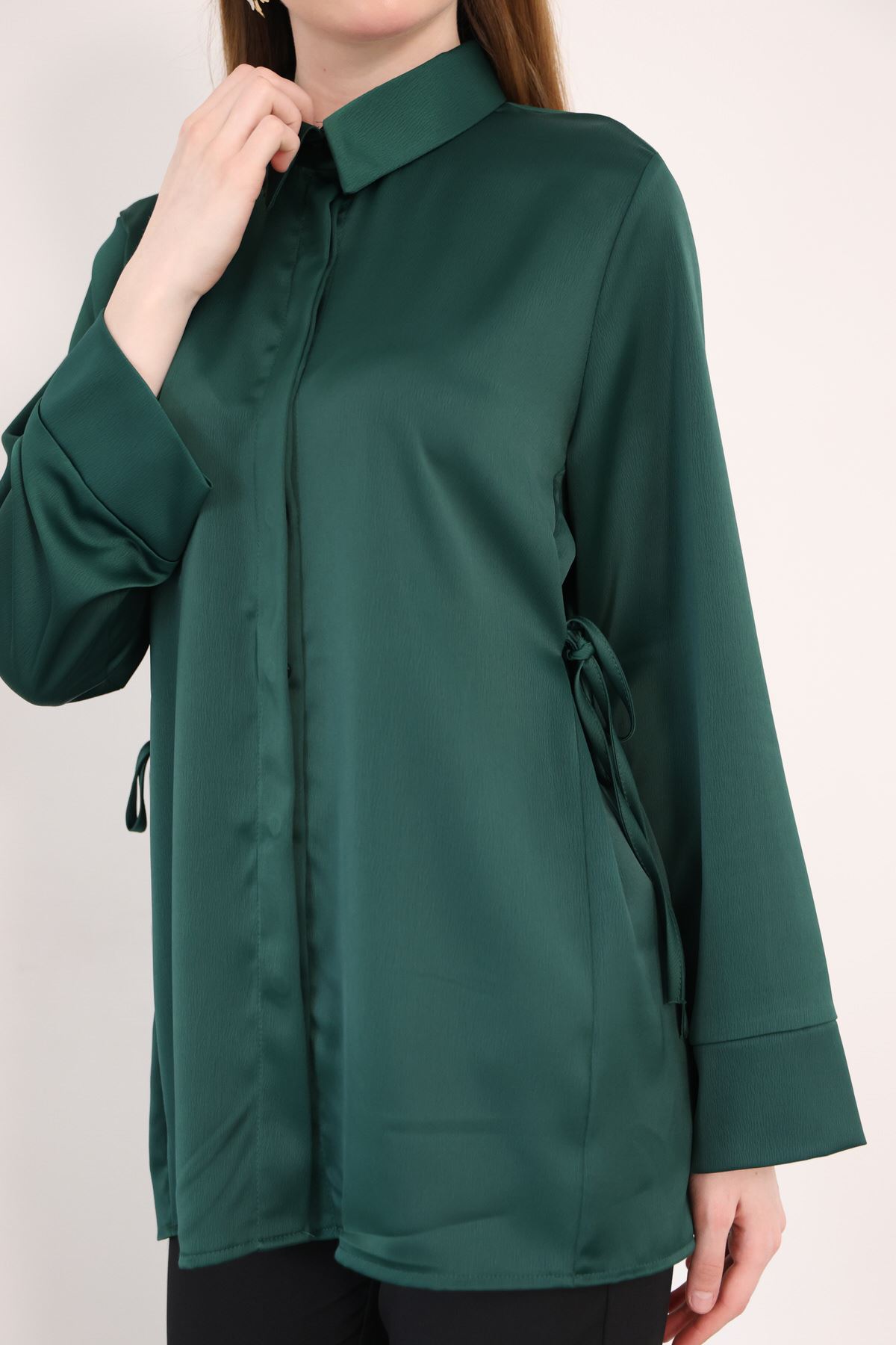 Gizli Pat Saten Tunik-Zümrüt Yeşili
