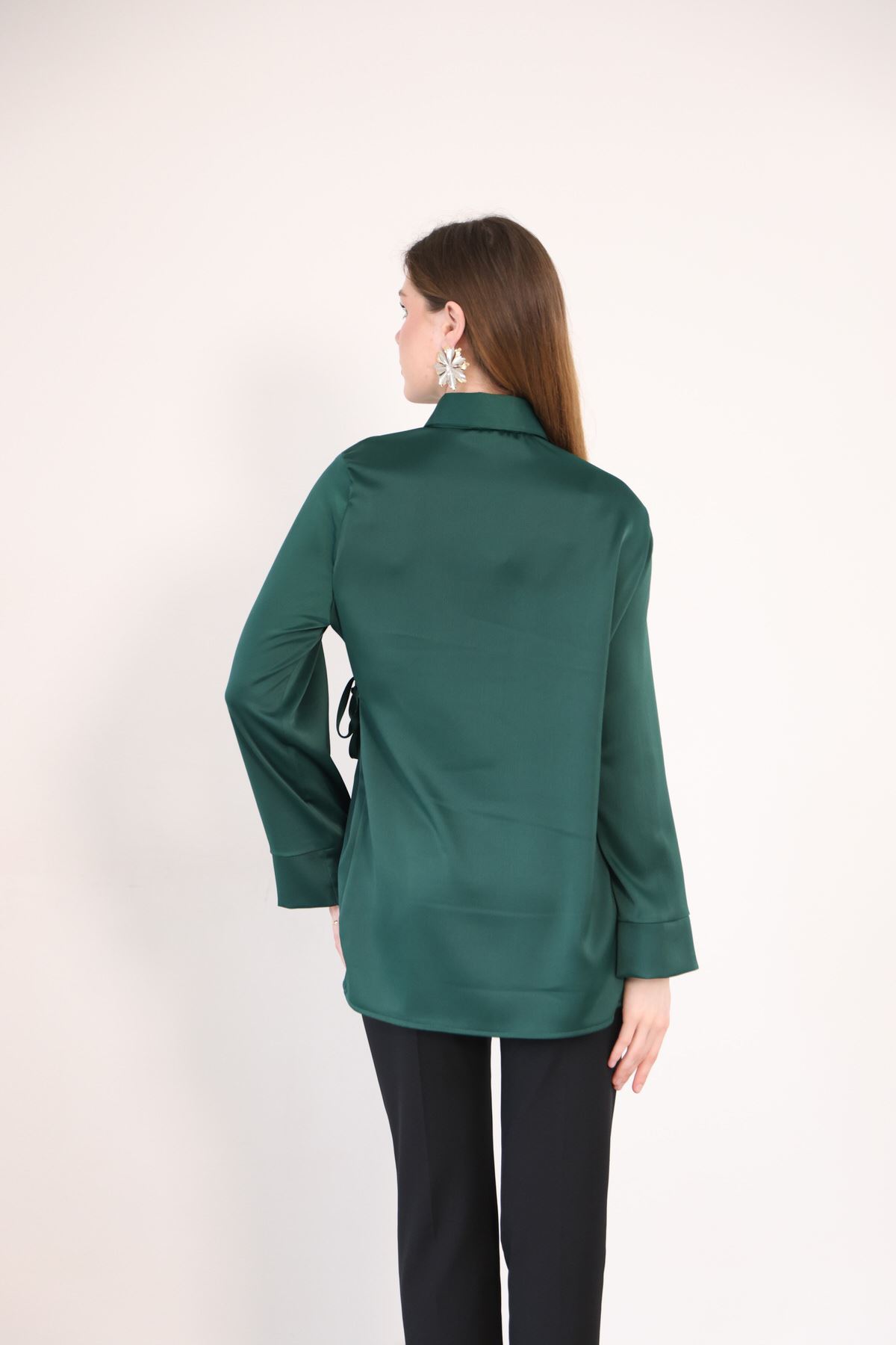 Gizli Pat Saten Tunik-Zümrüt Yeşili