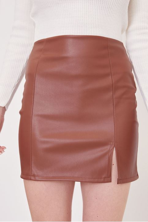 Yırtmaçlı Deri Etek-Taba