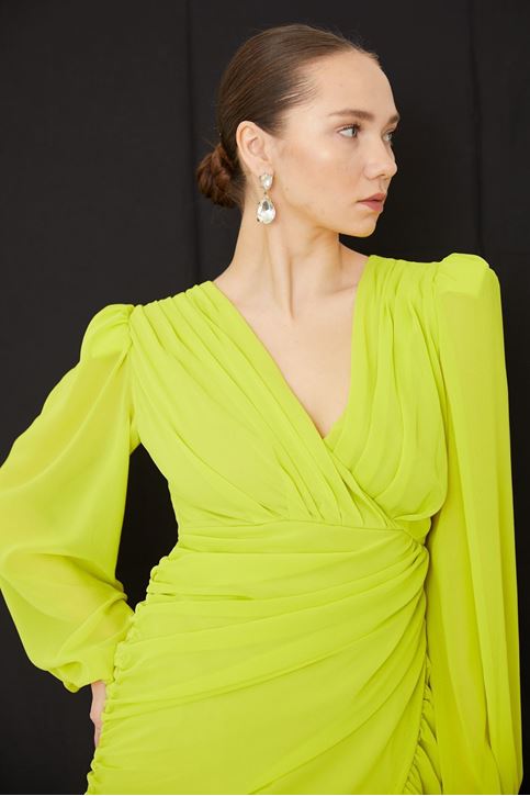 Kruvaze Yaka Büzgülü Elbise-Sarı