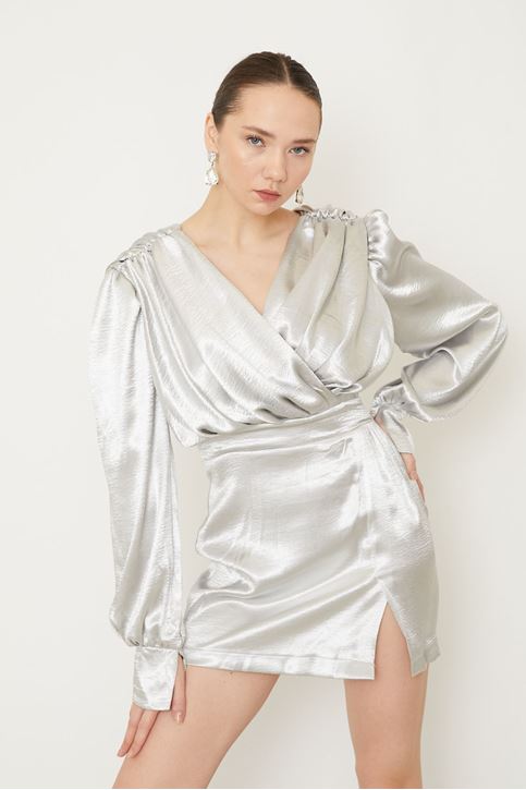 Omuz Büzgülü Elbise-Gri