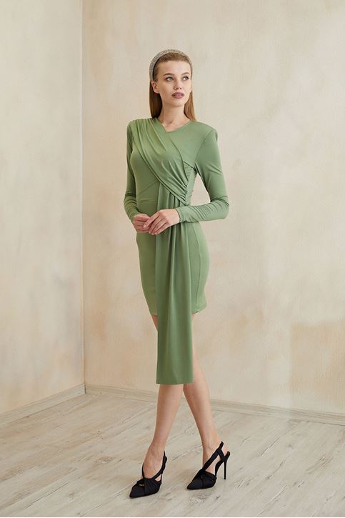 Büzgülü Elbise-Yeşil