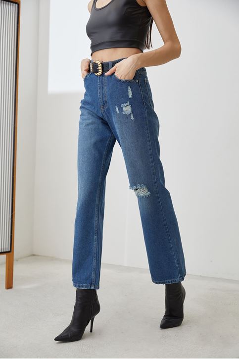 Yırtık Detay Jean Pantolon-Mavi