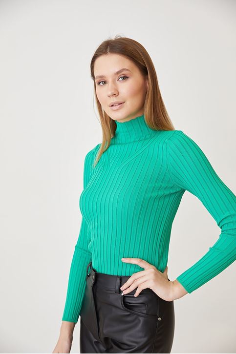 Dik Yaka Triko Bluz-Açık Yeşil