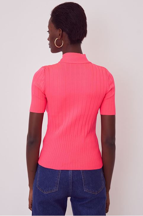 Kısa Kol Triko Bluz-Fuşya