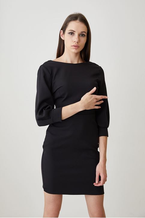 V Yaka Bağlamalı Elbise-Siyah