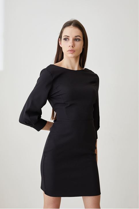 V Yaka Bağlamalı Elbise-Siyah