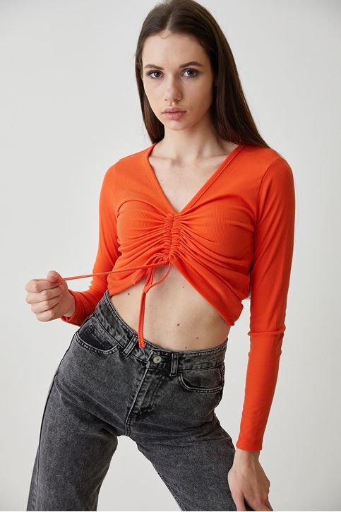 Ön Büzgülü Bluz-Oranj