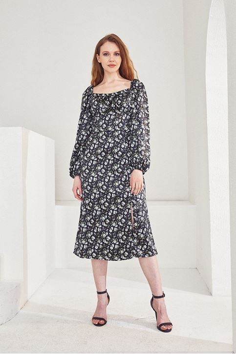 Çiçek Desen Saten Elbise-Siyah