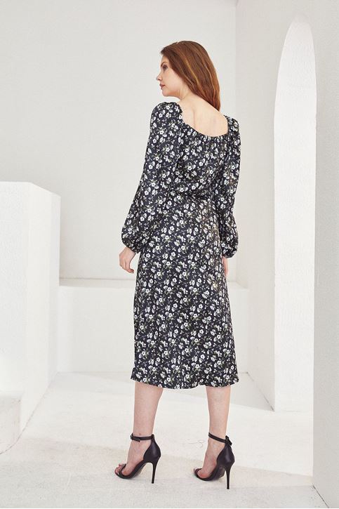 Çiçek Desen Saten Elbise-Siyah