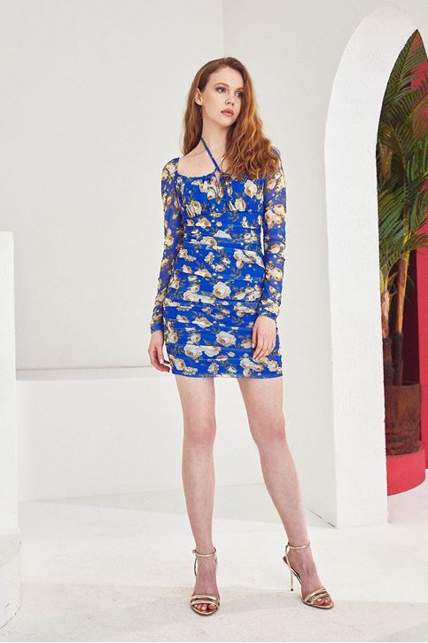 Çiçek Desen Elbise-Saks