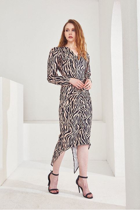 Zebra Desen Elbise-Bej