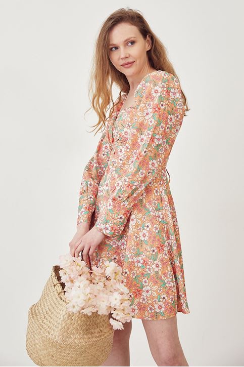 Çiçek Desen Sırt Detay Elbise-Oranj