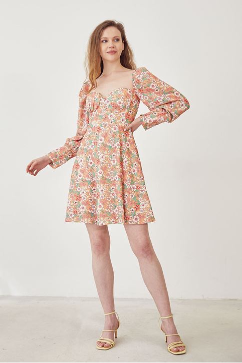 Çiçek Desen Sırt Detay Elbise-Oranj