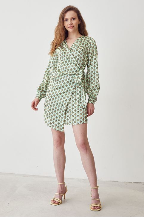 Bağlamalı Saten Elbise-Yeşil