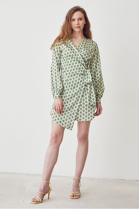 Bağlamalı Saten Elbise-Yeşil