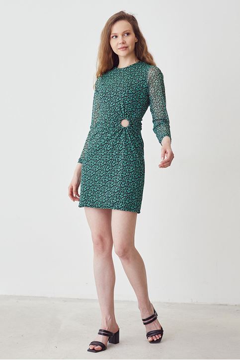 Beli Tokalı Tül Elbise-Yeşil