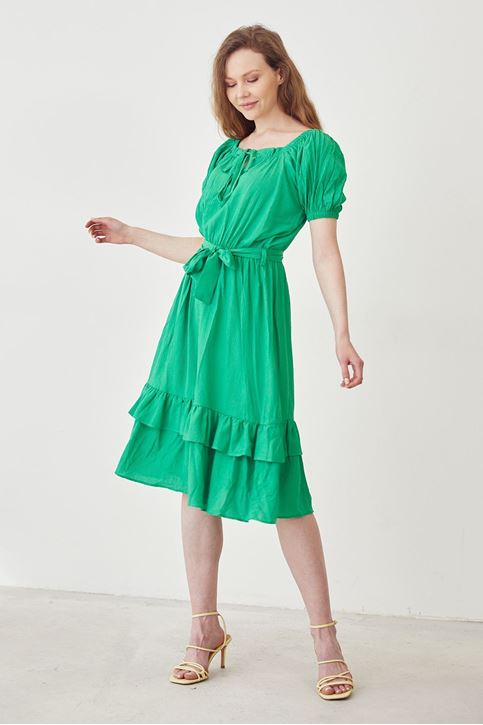 Eteği Volanlı Elbise-Yeşil