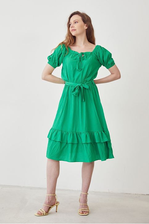 Eteği Volanlı Elbise-Yeşil