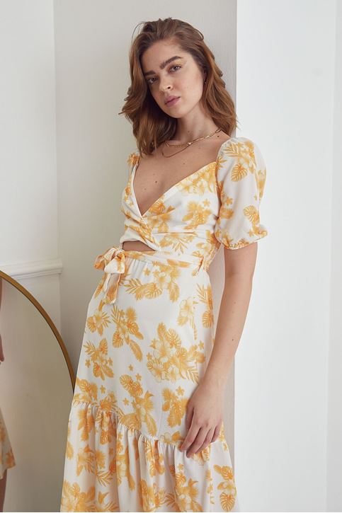 Çiçek Desenli Kuşaklı Elbise-Sarı