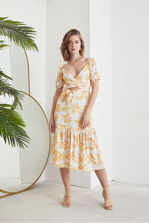 Çiçek Desenli Kuşaklı Elbise-Sarı