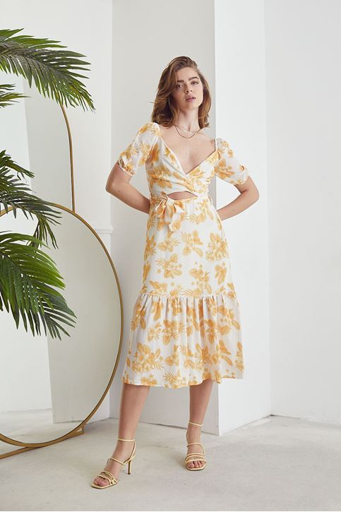 Çiçek Desenli Kuşaklı Elbise-Sarı