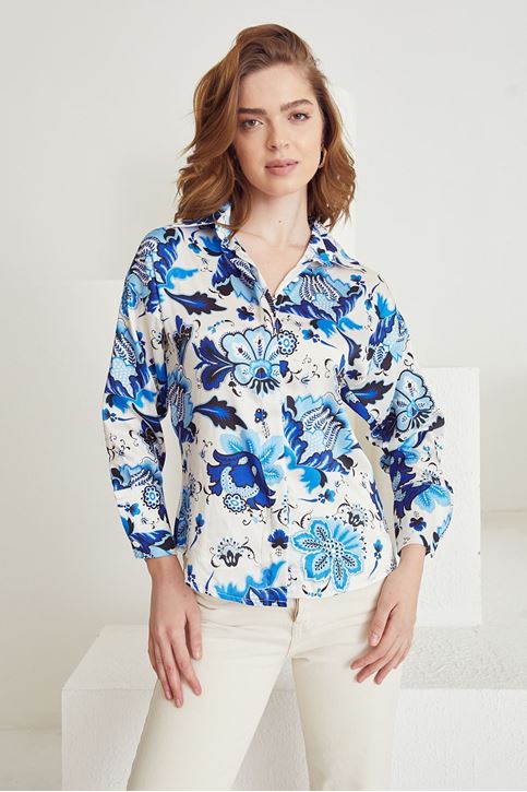 Desenli Saten Gömlek-Mavi