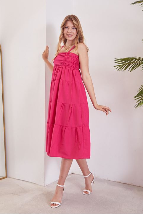 Poplin Askılı Elbise-Fuşya