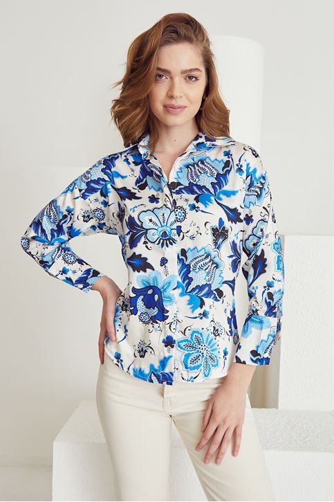 Desenli Saten Gömlek-Mavi