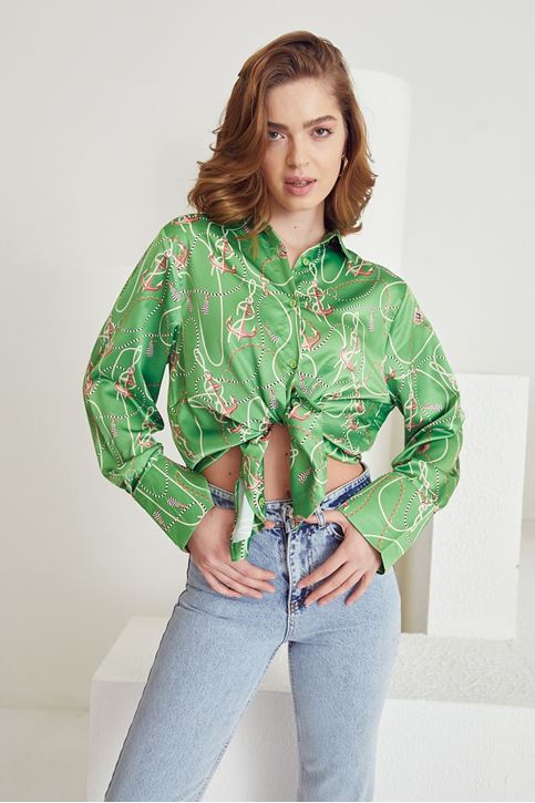 Zincir Desen Saten Gömlek-Yeşil