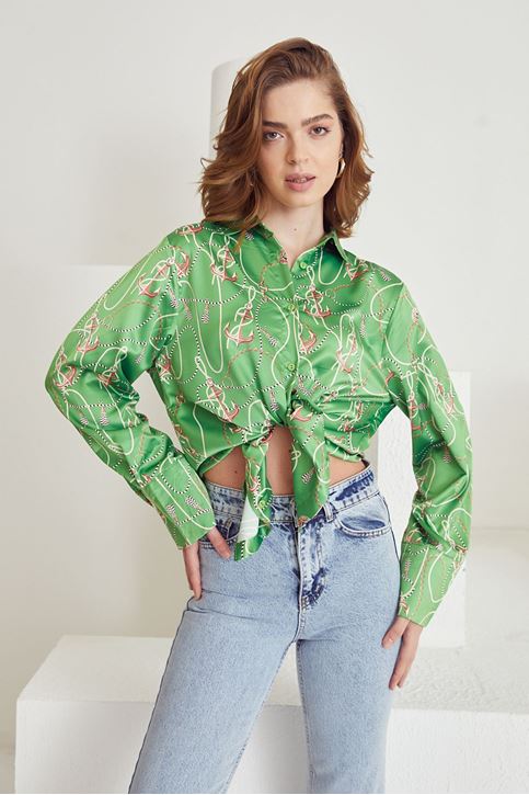 Zincir Desen Saten Gömlek-Yeşil