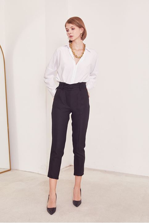 Kemerli Kumaş Pantolon-Siyah