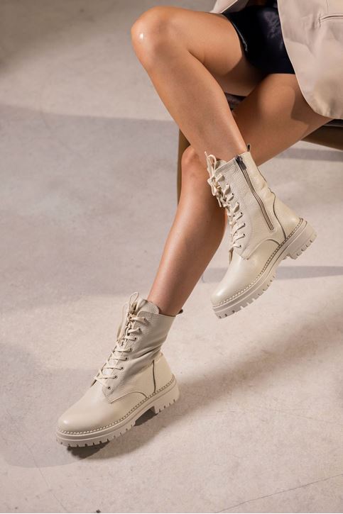 Bağcıklı Deri Bot-Ekru