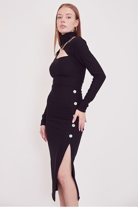 Düğmeli Yırtmaçlı Elbise-Siyah
