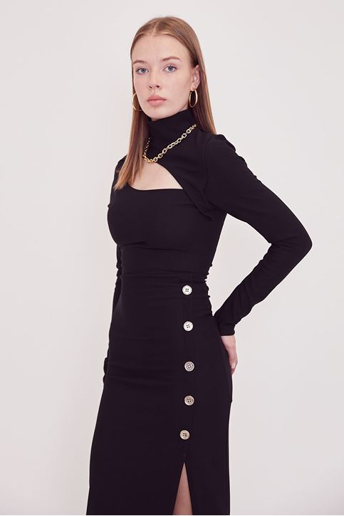 Düğmeli Yırtmaçlı Elbise-Siyah