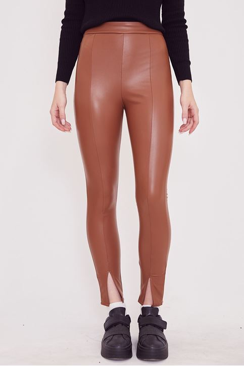 Paça Yırtmaçlı Deri Tayt-Camel