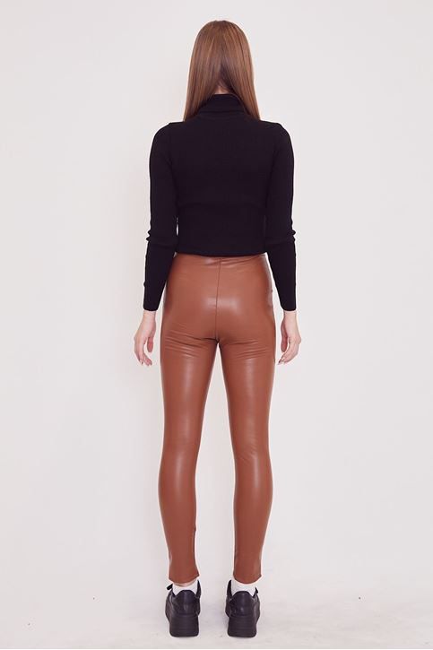 Paça Yırtmaçlı Deri Tayt-Camel