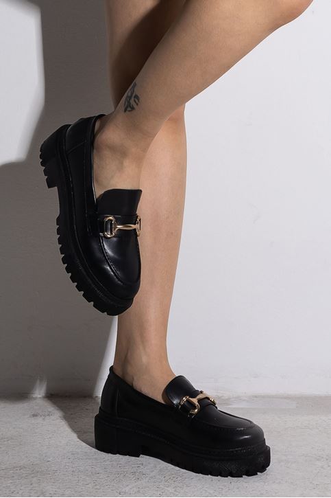 Kalın Taban Deri Ayakkabı-Siyah