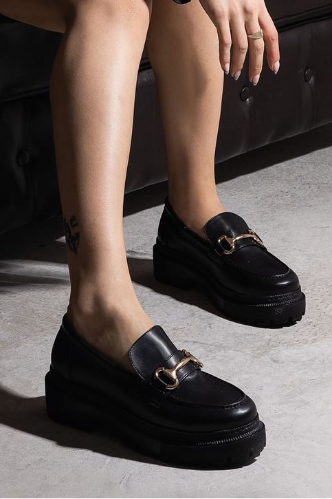 Kalın Taban Deri Ayakkabı-Siyah