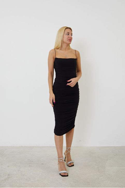 İp Askılı Büzgülü Elbise-Siyah