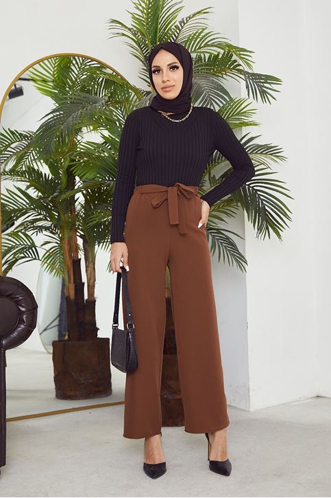 Kadın Beli Lastikli Bağlama Detaylı Geniş Paça Tesettür Pantolon-Kahve