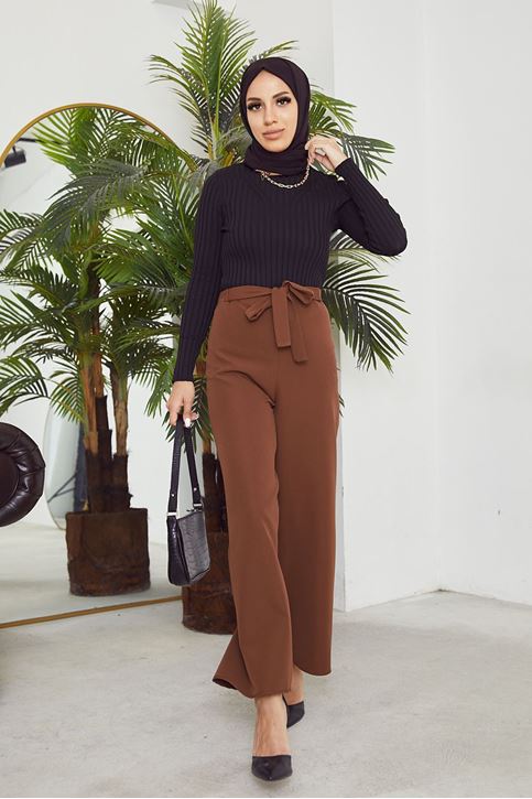 Kadın Beli Lastikli Bağlama Detaylı Geniş Paça Tesettür Pantolon-Kahve