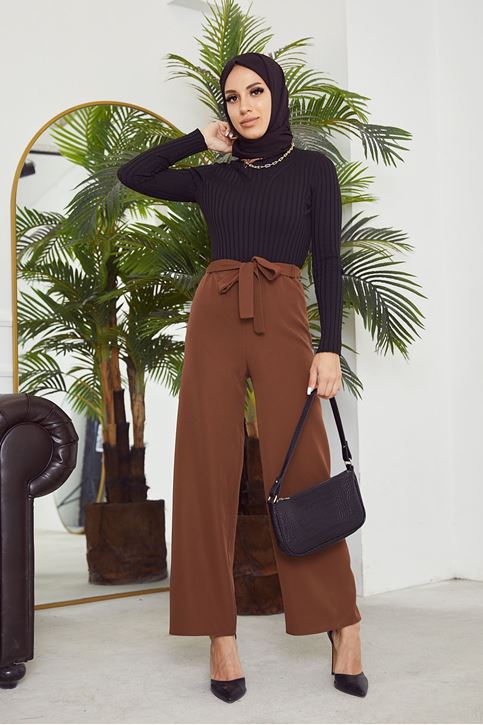 Kadın Beli Lastikli Bağlama Detaylı Geniş Paça Tesettür Pantolon-Kahve