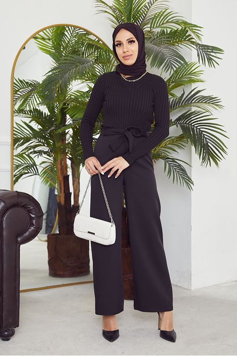 Kadın Beli Lastikli Bağlama Detaylı Geniş Paça Tesettür Pantolon-Siyah