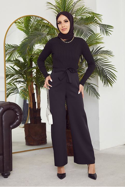 Kadın Beli Lastikli Bağlama Detaylı Geniş Paça Tesettür Pantolon-Siyah