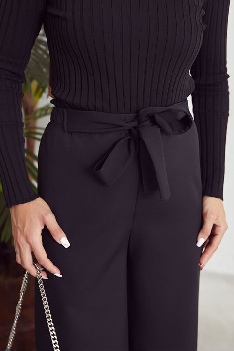 Kadın Beli Lastikli Bağlama Detaylı Geniş Paça Tesettür Pantolon-Siyah