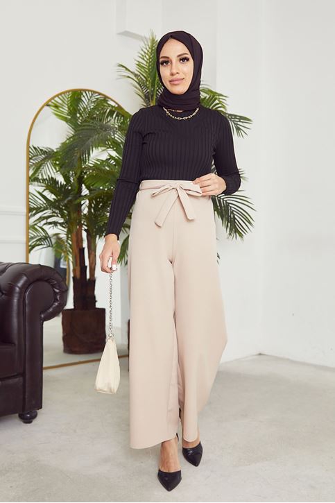 Kadın Beli Lastikli Bağlama Detaylı Geniş Paça Tesettür Pantolon-Taş